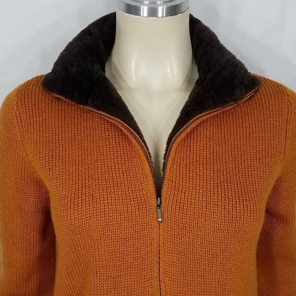 Carlisle burnt orange full zip 100% Merino wool cardigan faux fur trim Small - Picture 2 of 10